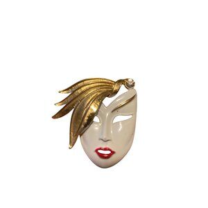 Vintage Gold-Tone & Enamel Face Brooch Pin With Rhinestone Accent Art Deco Style